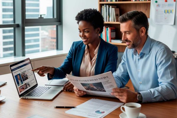 Jovem mulher negra e homem branco de meia idade vendo notícias no jornal e no computador