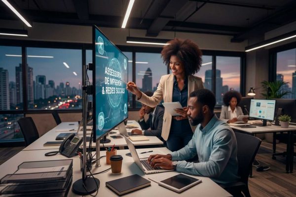 Mulher e homem negros trabalhando em frente ao monitor (imagem: Gemini)