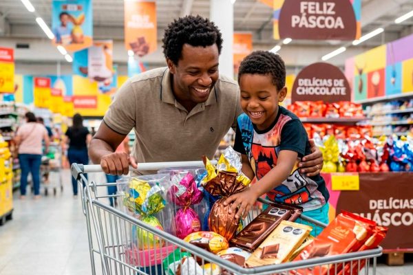 Homem e menino negros comprando chocolates para a Páscoa 2026